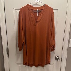 Rust Split-Neck Roll-Tab Tunic Top